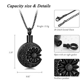 XSMZB Sunflower Moon Urn Necklace for Ashes Stainless Steel Funeral Cremation Jewelry for Human Pet Keepsake Ashes Pendant(Black)