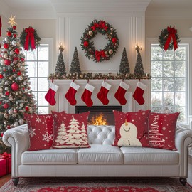 Avezano Red Christmas Cushion Covers 45 x 45 cm Snowman Xmas Tree Cushion Covers Winter Snowflake Christmas Pillow Covers for Sofa Couch Bed Home Decorations Set of 4