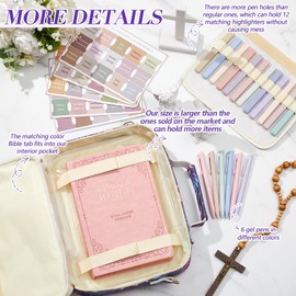 Large Bible Cover Case for Women, 12 x 9 x 2.5 Chenille Letter PU Leather Bible Cover with Bible Tabs 6 Colored Gel Pen 12 Highlighters Bible Case with Shoulder Strap for Study Bible Bag Gifts