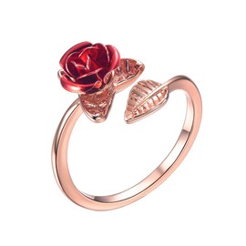 U7 Rose Gold Stacking Band Ring for Cocktail Party Vivid Red Rose Flower Signet Ring, Adjustable 5 to 10