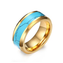 YIFSIY 8mm Turquoise Ring for Men Women 18K Yellow Gold Plated Stainless Steel Wedding Band Comfort Fit Ring Size 12