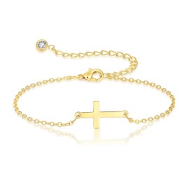 Cross Bracelet for Women 18k Gold Plated Stainless Steel Cross link Bracelet Dainty Simple Chain Bracelet Easter Christian Baptism Religious Faith Jewelry Gift for Her