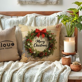 Rustic Christmas Decor Throw Pillow Covers Santa Post Card Design with Reindeer Wreath Cushion Cover Farmhouse Winter Holiday Decorative Pillowcases 18 x 18 Inch,4Pack for Sofa Couch