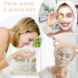 COYUN 3-teiliges Gesichtswasch-Spa-Stirnband Armband-Set Niedliche Bärenohren Make-up Hautpflege Haarband Handtücher Armbänder Gesichts-Kopfwickel Handgelenk-Haargummis für Frauen Mädchen