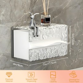 Wall-Mounted Acrylic Tissue Box with Crystal Glacier Texture, Waterproof Napkin Holder with Bunny Decor, No-Drill Bathroom Paper Dispenser for Sink & Vanity – 7''×5''×3.5''