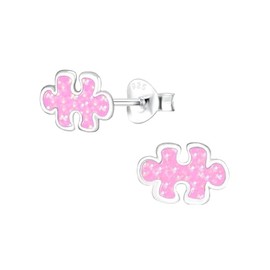 Jigsaw Puzzle Piece Earrings 925 Sterling Silver Pink with Sparkly Effect
