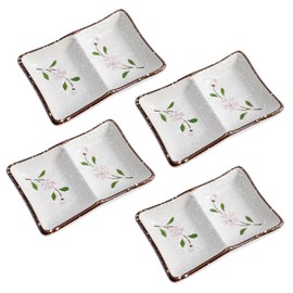 Dual Dipping Bowls Ceramic Dual Soy Sauce Dish 5.25 Inch Japanese Style Sushi Sauce Cups Divided Salsa Bowls 2 Compartments Appetizer Serving Tray Dipping Plates for Kitchen (4Pack, Pink Sakura)