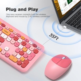 Wireless Keyboard and Mouse Combo - MOFII Pink Full-Sized Plug and Play Colorful Keyboard - Silence Keycap Keyboards with USB-A 2.4G Receiver, for Laptop, Windows, PC, Desktop