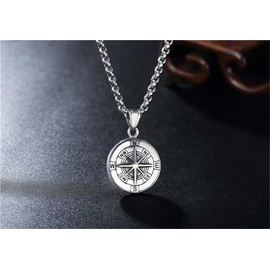 PAURO Men's Stainless Steel Vintage Round Compass Pendant Punk Necklace Silver Black with Chain Style Two