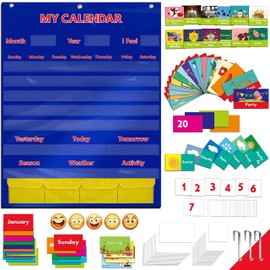 SpriteGru Calendar and Weather Pocket Chart with 148 Cards,(108 Illustrated Activity Cards, 40 Dry Erasable Flash Cards and 3 Hooks 28"x35.5"),Alphabets, Blue