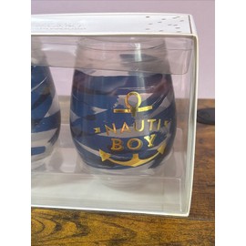 Slant Nauti Girl & Boy Stemless Wine Glass 2 Glasses 20 Oz Nautical Cruise Ship Sip