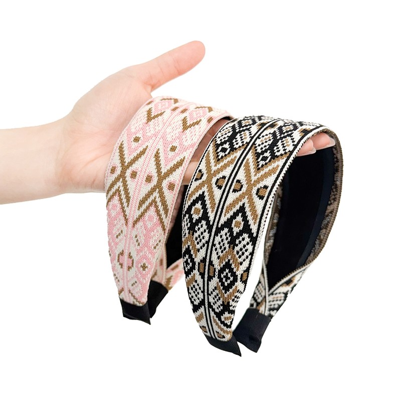 (2 types) Burnaby pattern ethnic wide hairband wide headband pink