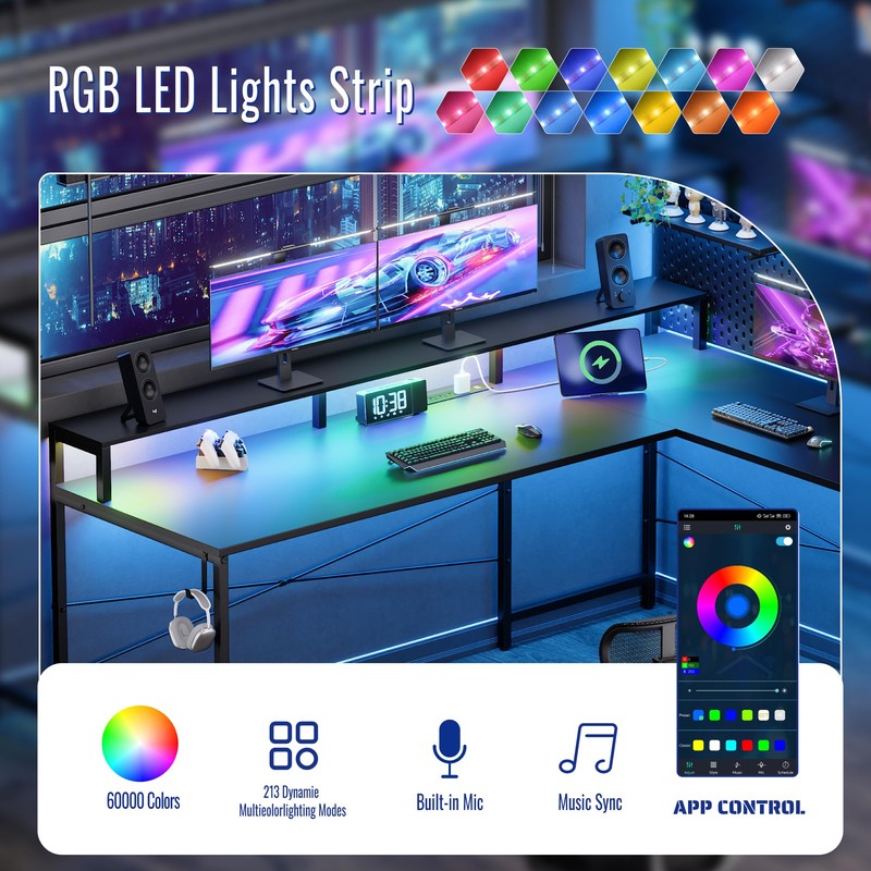 Pamray 64 Inch L Shaped Gaming Desk with Power Outlets