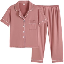 Vopmocld Boys Girls Short Sleeve & Pants Button Down Pajama Sets Solid Color with Pockets Sleepwear Outfit Teens 2pcs Lounge Sets Jammies, Coral Pink, 14