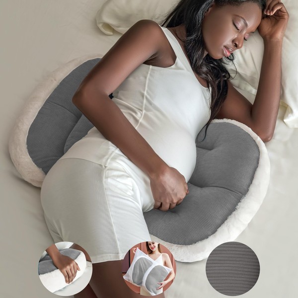 pobopobo Pregnancy Pillows for Sleeping, Faux Fur Luxury Maternity Pillow Support for Pregnant Women, Pregnancy Must Haves, Side Sleeper Wedge Pillow (Grey)