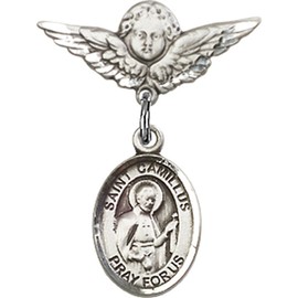 Sterling Silver Baby Badge with St. Camillus of Lellis Charm and Angel w/Wings Badge Pin 7/8 X 3/4 inches