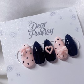 [Handmade Nail Tips] Ribbon Dotted Nail Tips - Short Ballerina / [수제네일팁] 리본땡땡이 네일팁 - 숏발레리나