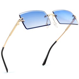SDINM Blue Sunglasses for Women Men Rimless Rectangle Sun Glasses Shades 90s Frameless Tinted Candy Color Lens