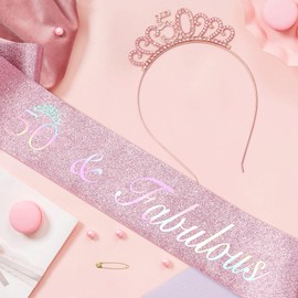 50th Pink Birthday Sash for Women,Happy 50 & Fabulous Birthday Decorations Sash and Crown Includes Pin Tiara Outfits Accessories Decorations Gifts ideas for Her Funny Girls Adult Woman Wife Sister