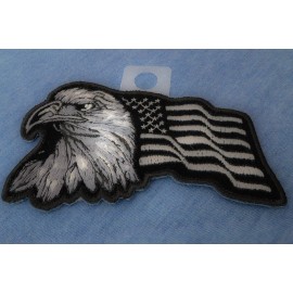 Ivamis Eagle With Waving Flag Black Silver Patriotic Iron on Patch - 4x2.5 inch - P3960