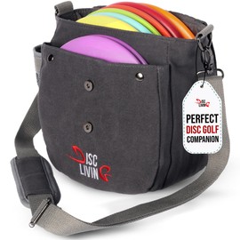 Disc Living Disc - Bolsa de golf para discos de golf, fácil de transportar, ligera, se adapta a hasta 10 discos, lona encerada de 16 onzas, diseño resistente, trabillas para cinturón, diseño de doble botón, soporte para botellas (gris)