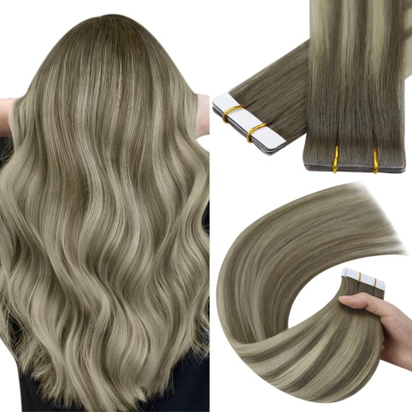 YoungSee Injection Tape Extensions Real Hair Ombre Real Hair Extensions Tape 60 cm Virgin Tape-In Extensions Light Ash Brown Ombre Blonde Tape-In Extensions Real Hair Skin Weft 5 Pieces 12.5 g
