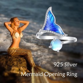 SHEAISRS Mermaid Rings 925 Sterling Silver Mermaid Tail Adjuatable Open Ring Moonstone Jewelry for Women