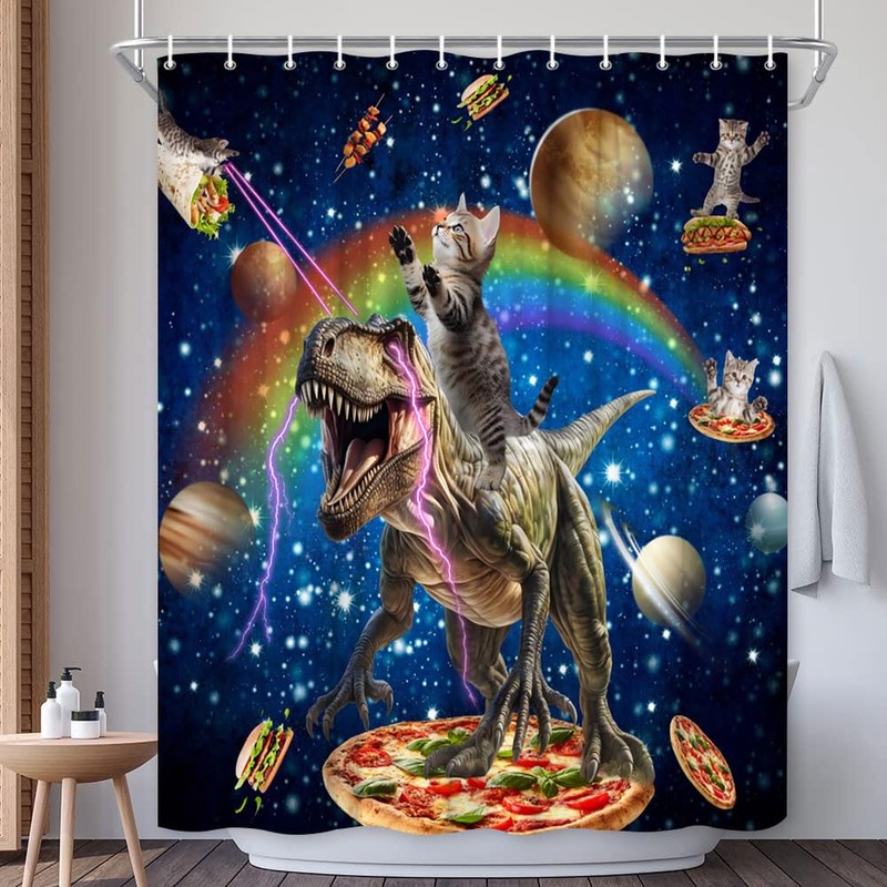 EUBTPA Funny Animal Shower Curtain Fun Cat Riding Dinosaur Fantasy