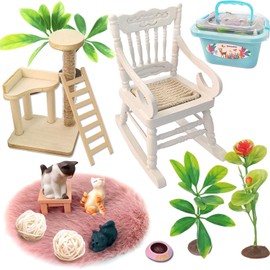 QuarenDen Garden Miniatures, 14 Pcs Cat Figurines, Mini Wooden Rocking Chairs, Dollhouse Accessories Perfect Indoor Home Decorations and Gifts