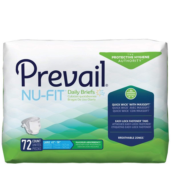 Prevail Nu-Fit Maximum Absorbency Incontinence Briefs, Large, 72 Count