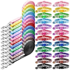 Amylove 48 Pcs Dog Collar and Leash Set, Polypropylene Adjustable Puppy Collars for Medium Dogs Small Pet Puppy Walking Training with Hook and Buckle(Multicolor,Paws Pattern)