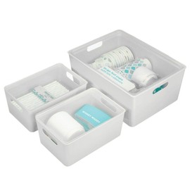 mDesign Plastic Stackable Home Storage Organizer Boxes with Lid Cover for Kitchen, Closet, Pantry, Bedroom, Bathroom, Hallway, Entryway to Hold Household Accessories, Set of 3 - Light Gray/Clear