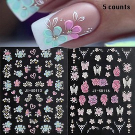 5D Embossed Floral Nail Decals, 5 Counts Semi-glossy Irregular Shaped Stickers with Petals, Butterfly & French Line, Nail Art Supplies for DIY Manicure Decoration