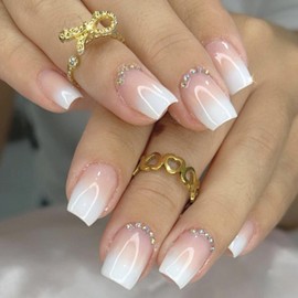 Kamize Short Square Press on Nails Gradient Fake Nails with Rhinestones Full Cover Acrylic Nude False Nails for Women and Girls 24PCS