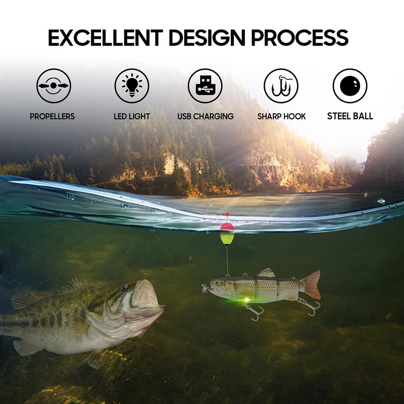 Robotic Swimming Fishing Electric Lures 5.12" USB Rechargeable LED Light