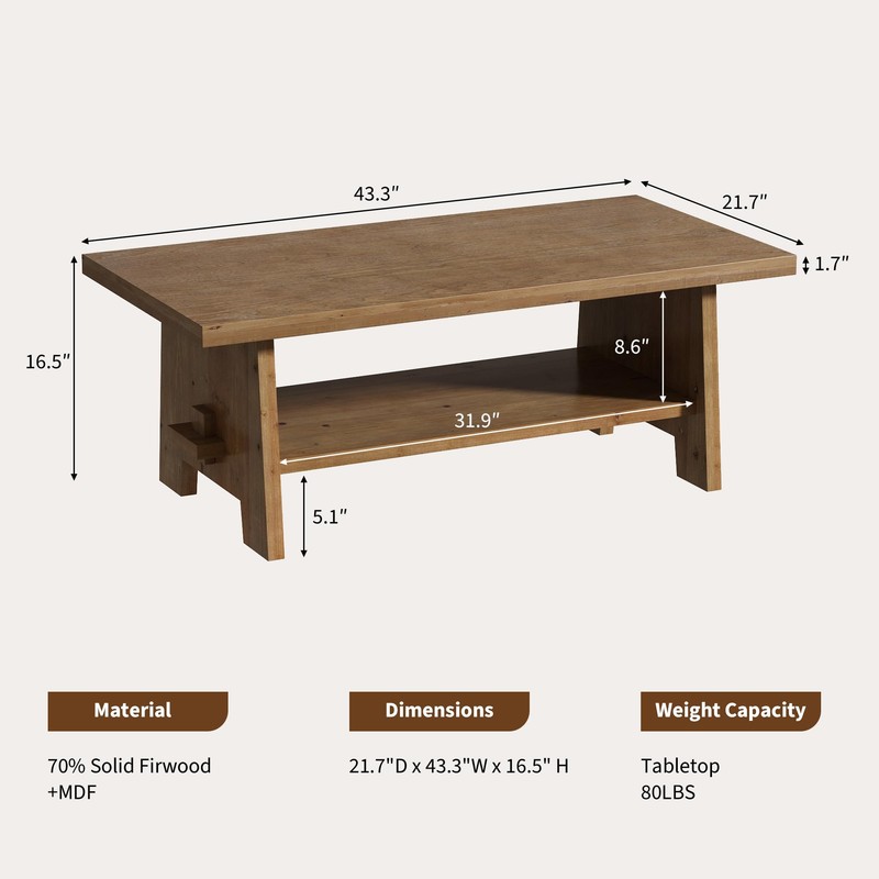 WINWY Farmhouse Wood Coffee Table - 43.4" Rectangle Coffee Table
