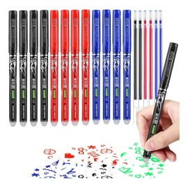 Bolígrafos Borrables de Gel HOUSHUHUA SHOP Pack con 12 Plumas y 6 Recambios de Tinta Roja, Azul y Negra