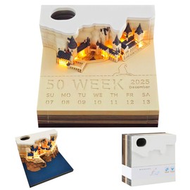Time Piece Calendar 2025, 3D Magic Castle Weekly Calendar with LED Light, Desk Calendar DIY Paper Carving Art Memo Pad Craft Gift for Christmas Atomasphere Housewarming Desktop Decoration