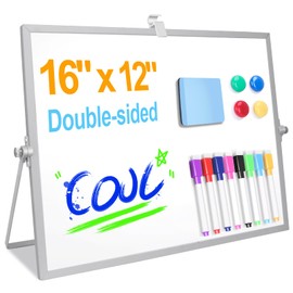 Dry Erase White Board with Stand 16in x 12in, Desktop Whiteboard Double-Sided Magnetic Tabletop White Board Easel for Drawing Writing Desk, Home, Office, School