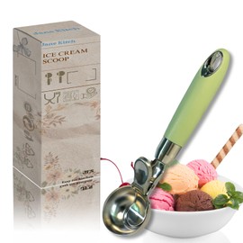 Jane Kitch Stainless Steel Ice Cream Scoop with Trigger, Heated Dishwasher Safe Ice Cream Scooper for Kitchen, Watermelon Melon Baller Scoop Fruit Baller Scoop, 1 OZ Scoop, 7.9x1.9 Inch, Green