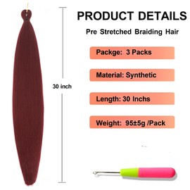 Braiding Hair Pre Stretched Long Braid 30inch 3 Packs Burgundy Braids Hair Extension for Summer Professional Soft Braiding Hair Yaki Texture