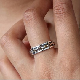 ENERGY STONE 925 Sterling Silver Fidget Ring | Unisex | Twine | Braided Tri-Color Band in Silver Brass Copper | Your Go To Fidget Spinner Band Ring | Focus Calming Centering Stress Release | Size 6.5