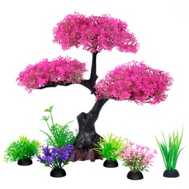 Ameliade Aquarium Artificial Plastic Plants Decoration, Pink Cherry Blossom Tree & Grass Aquarium Decor Set, Goldfish Betta Fish Tank Decorations Hides Accessories （Pink