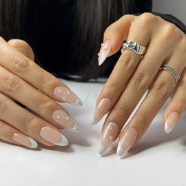 Xenophoer Press on Nails Almond Fake Nails White French Tip Medium Acrylic Nails Press ons Cute Nude whit Pearl Full Cover Glue on Nails for Women Girls 24 Pcs