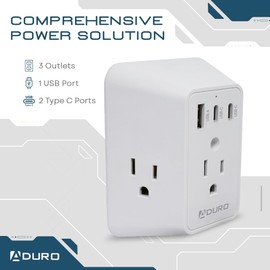 Aduro Multi Plug Outlet Extender with Surge Protector, White – Wall Charger Power Strip with Adapter 3 Outlets, 1 USB & 2 Type-C Charging Ports – for Home Office Travel, ETL Listed