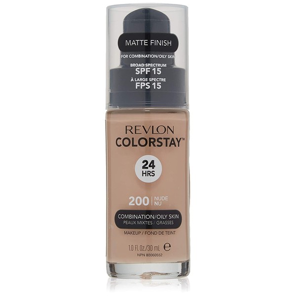 Revlon ColorStay Liquid Foundation Makeup for Combination/Oily Skin SPF 15, Longwear Medium-Full Coverage with Matte Finish, Nude (200), 1.0 oz