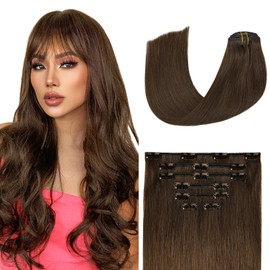Medium Brown Clip in Hair Extensions Real Human Hair 70G Remy Human Hair Extensions Straight 7pcs 16clips for Women(15 Inch #4)