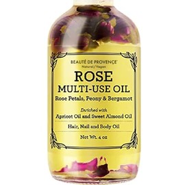 Rose Multi-Use Oil for Face, Body and Hair - Organic Blend of Apricot, Vitamin E and Sweet Almond Oil Moisturiser for Dry Skin, Scalp and Nails - Rose Petals, and Bergamot Essential Oil - 120ml