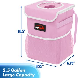 EPAuto Waterproof Car Trash Can with Lid and Storage Pockets, 2.5 Gallon Leakproof, Pink