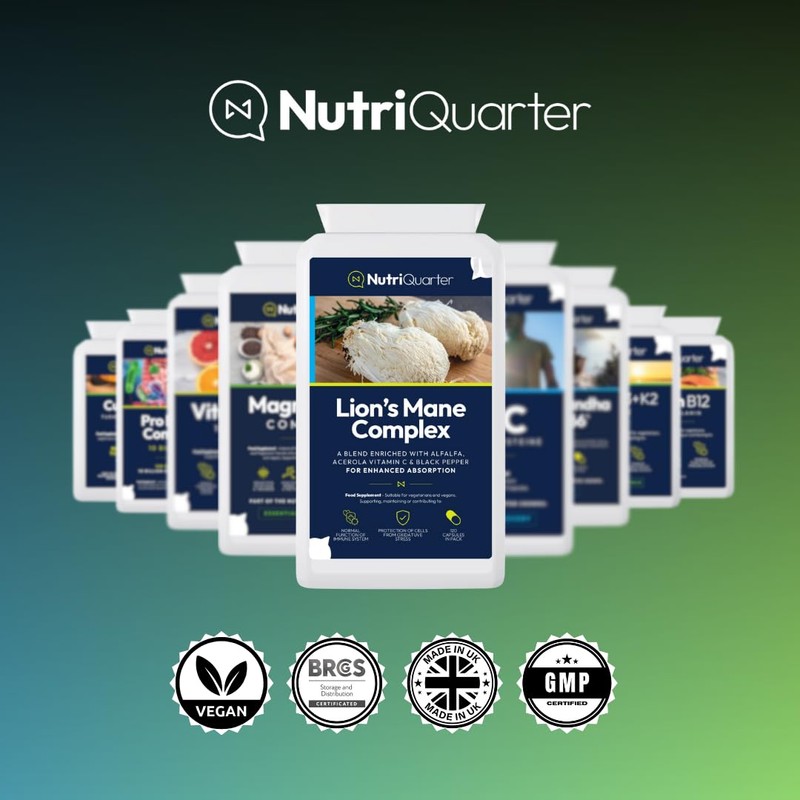 NutriQuarter Lion's Mane Complex, 125mg Mushroom Extract, with Alfalfa, Acerola